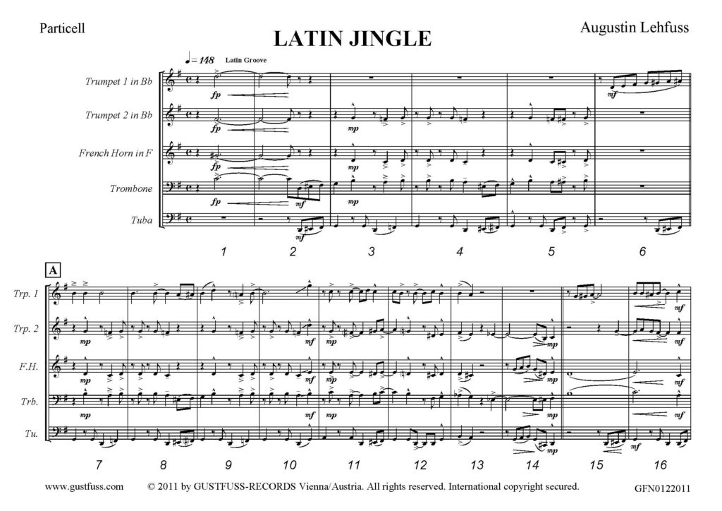 Latin Jingle (brass quintet) music sheets download Gustfuss Records